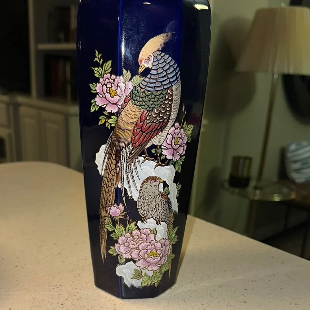 Japanese Blue Vase with Bird and Floral Design, Made in Japan